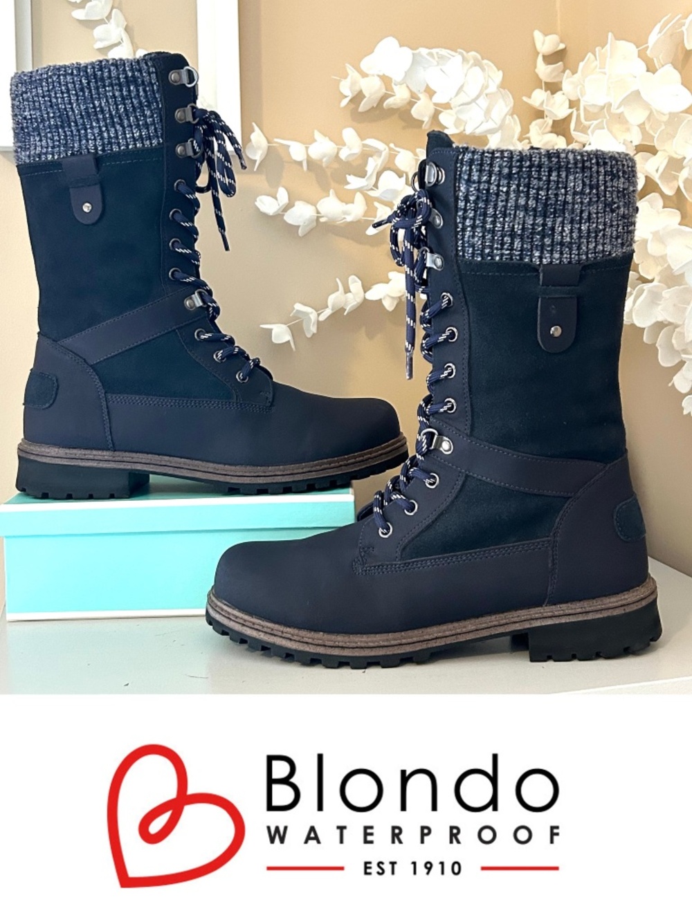 Blondo Phoenix Tall Leather Waterproof Navy Lace Up/Zip Boot Size 8.5 Like New!